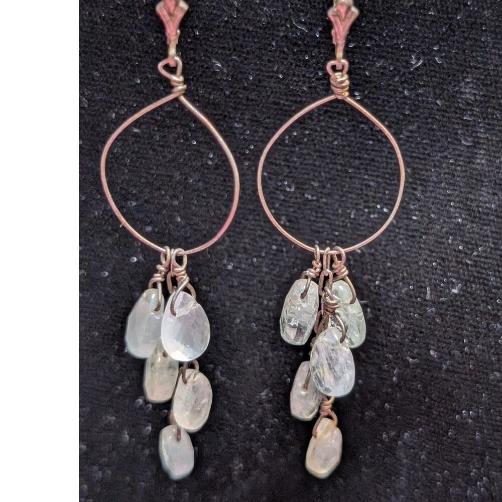 Vintage Aqua Teardrop Briolette Dangle Wire Lever Back Earrings